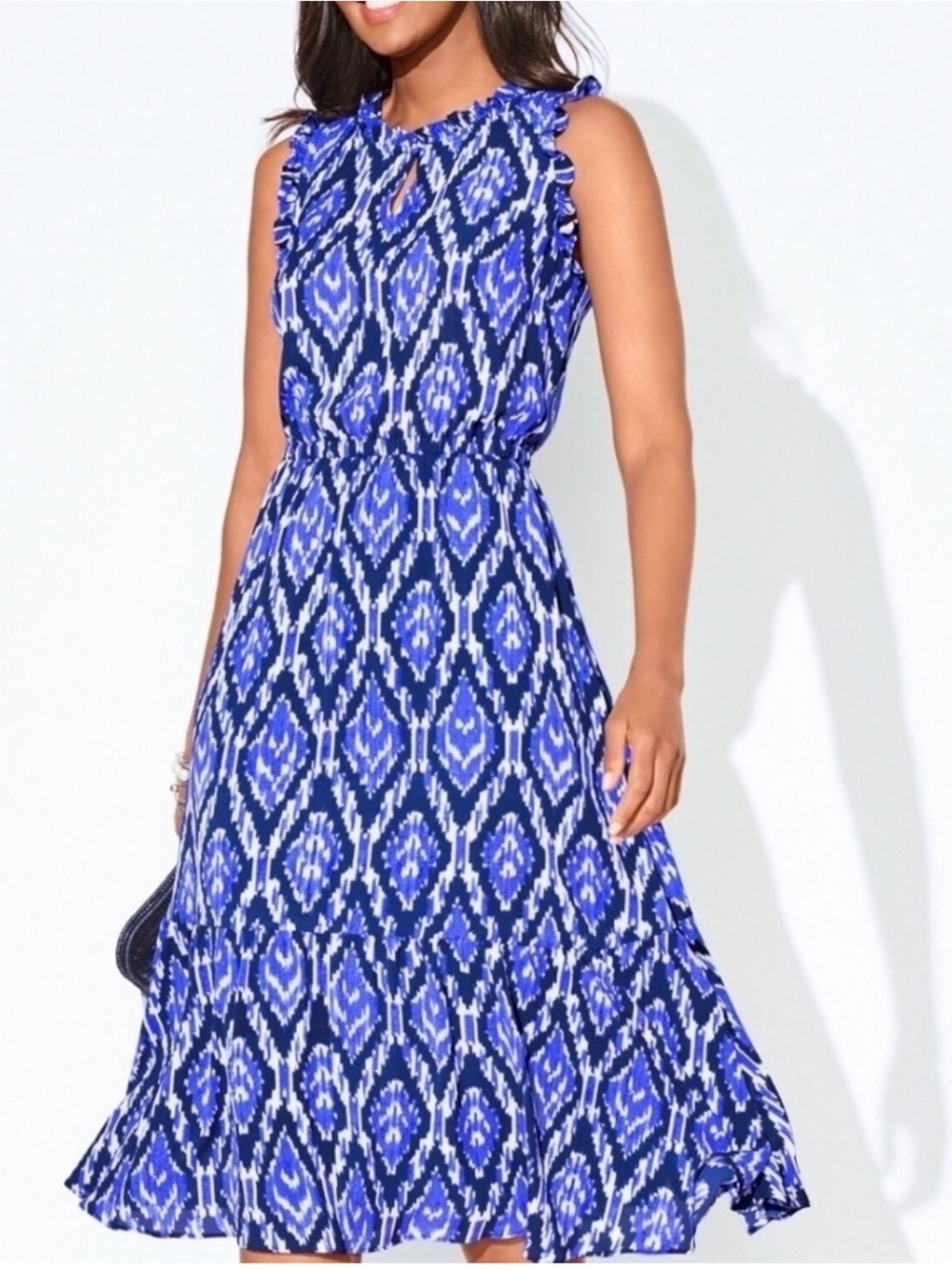 TALBOTS Cabana Ikat Blue Midi Ruffle Fit & Flare Sleeveless Dress Size 10